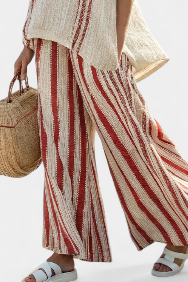 Mirella – red striped structured top and linen trousers