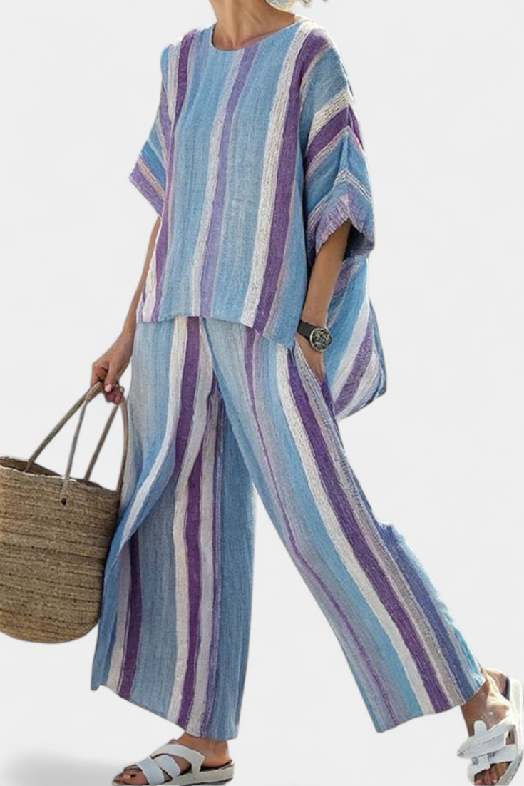 Ginevra – elegant pastel mauve top and striped linen trousers