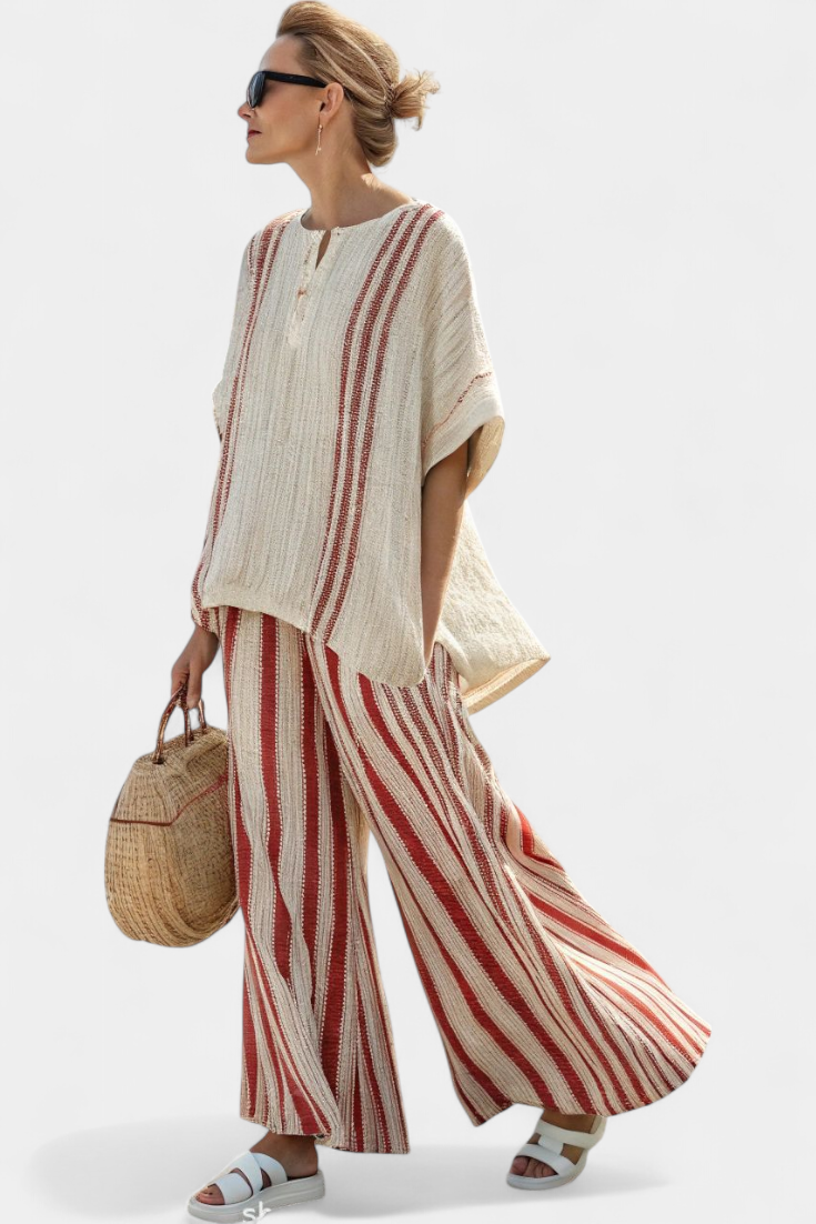 Mirella – red striped structured top and linen trousers